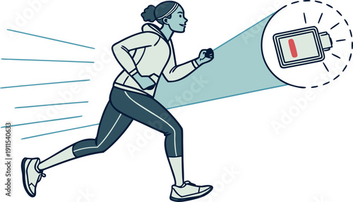 Running on Low Battery: A determined runner, captured mid-stride, races towards an objective, while the battery icon reflects a low-energy state.