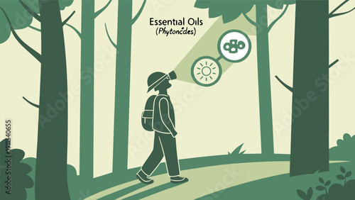Essential Oils Discovery: A person on a path through a serene forest illuminated by a beam of light, discovering the essence of essential oils and their rhythmic connection.