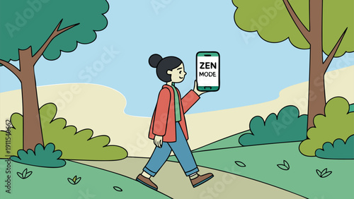 Zen Mode Walk: A woman walks leisurely, phone in hand displaying ZEN MODE,  between vibrant trees, embodying tranquility and mindful technology integration. 