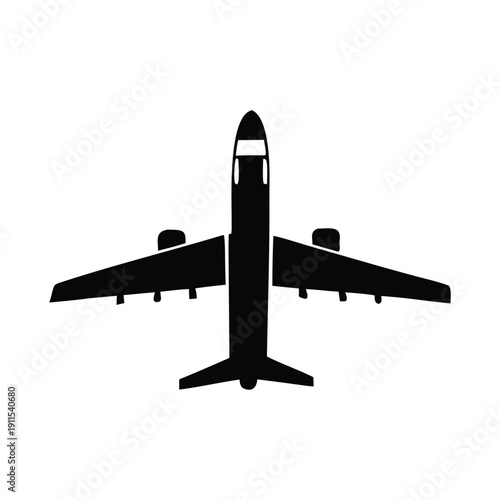 Clean vector icon depicting an airplane in top view, symbolizing air travel, global transportation, and aviation journeys; sleek, minimalist silhouette for flight-related designs