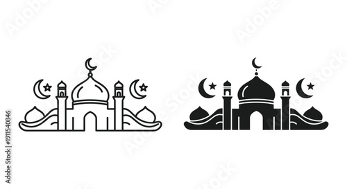 Islamic mosque silhouette at night with crescent moon and stars vector illustration minimalist design