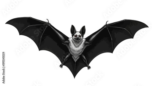 A black and white illustration of a bat with wings spread wide, isolated on a white background.