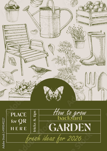 Backyard garden vector background with hand drawn illustrations