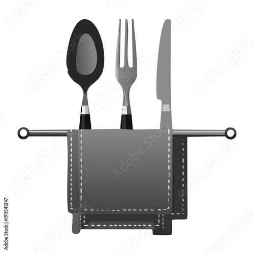 Handy kitchen utensil pouch containing spoon fork and knife for outdoor picnic and travel - Vector Illustration