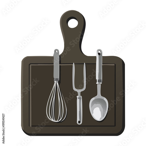 Dark wood cutting board with kitchen utensils including whisk and spoon for meal prep - Vector Illustration