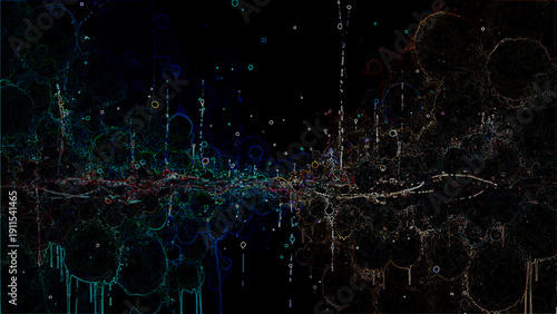 Vector Abstract Nightfall abstract depiction of a celestial tapestry, interwoven with radiant spheres of color against a backdrop of the profound night. A visual exploration of the cosmos. Design