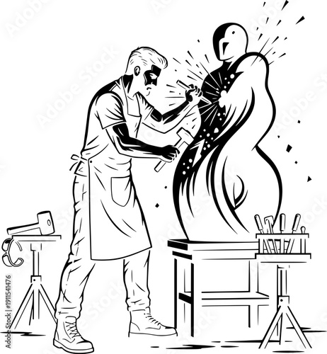 Artist sculpting a stone statue in a workshop. Male sculptor in apron using a hammer and chisel to create a modern abstract sculpture. Black and white vector illustration of craftsmanship and creative