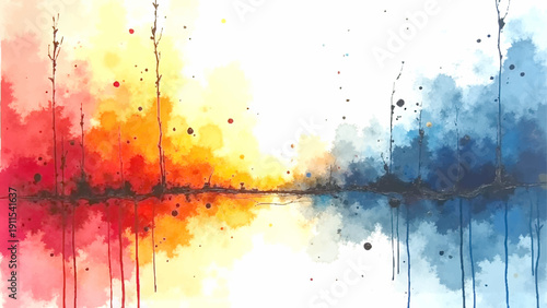 Vector Chromatic Symphony evocative watercolor composition plays with color and reflection, transforming a serene landscape into an artistic meditation on the interplay of light and water. Design