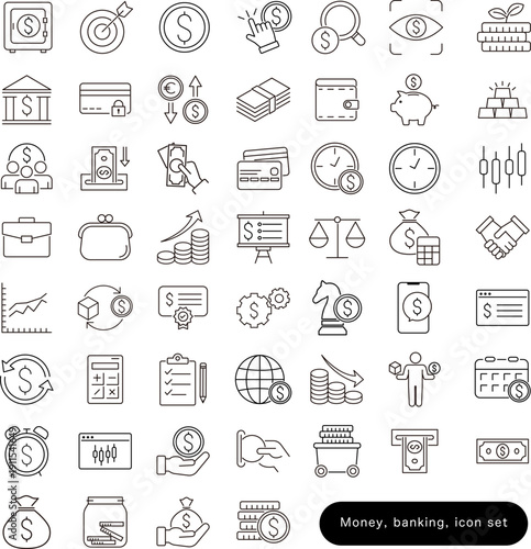 お金・銀行・両替のアイコンセット:紙幣・コイン・交換・送金素材