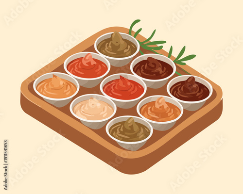 Large dipping sauce platter with nine varieties of creamy condiments for group party snacks - Vector Illustration