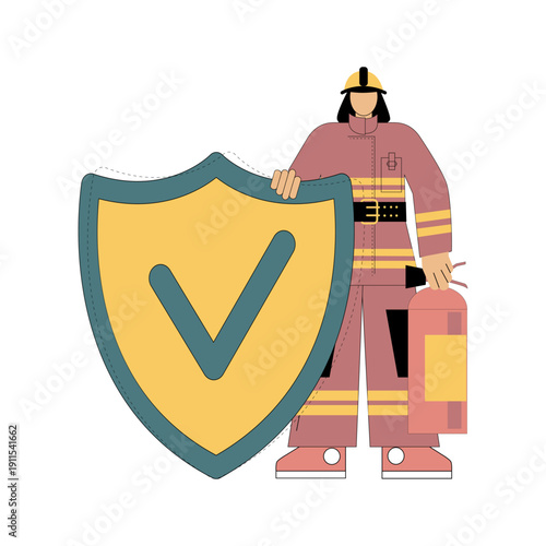 A firefighter with a fire extinguisher holds a shield, protecting against fire. Flat illustration for websites and posters.eps