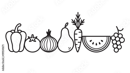 Assorted Fruits and Vegetables Line Art Illustration in Simple Monochrome Style on White Background for Healthy Eating