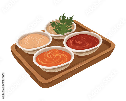 Assorted sauce tray with different spicy dips and condiments for delicious snacks and appetizers - Vector Illustration