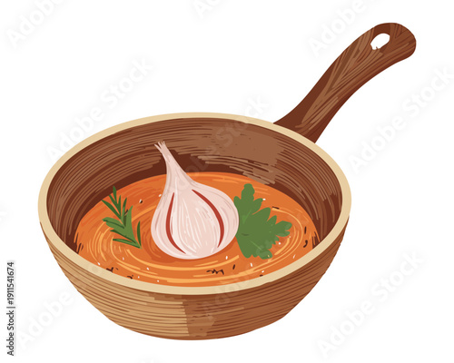 Frying pan with fresh garlic cloves and oil for aromatic sautéing of gourmet ingredients - Vector Illustration