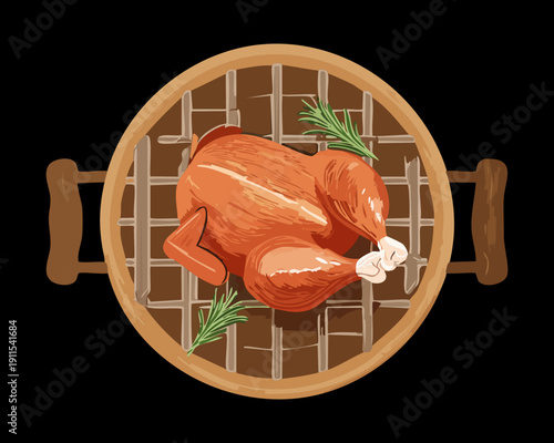 Whole roasted chicken on metal grill rack for traditional holiday dinner and festive family feast - Vector Illustration