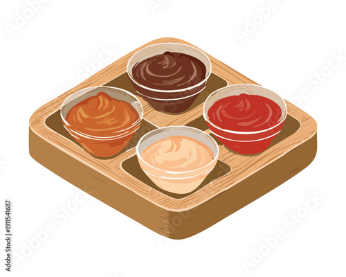 Wooden condiment tray with diverse dipping sauces for serving delicious finger foods and snacks - Vector Illustration