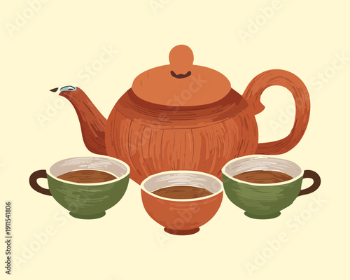 Traditional ceramic teapot with two matching cups for relaxing green tea ceremony experience - Vector Illustration