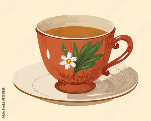 Classic white and gold tea cup with saucer for formal dining and gourmet beverages - Vector Illustration