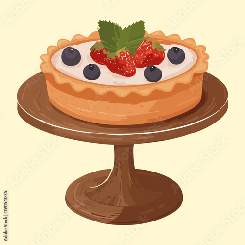 Gourmet berry fruit tart on wooden cake stand for sweet afternoon treats and celebrations - Vector Illustration