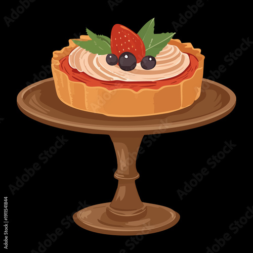 Strawberry and blueberry fruit tart dessert on decorative wood stand for gourmet bakery display - Vector Illustration