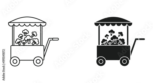 Vintage ice cream cart with happy family enjoying summer treats outdoors in black and white illustration