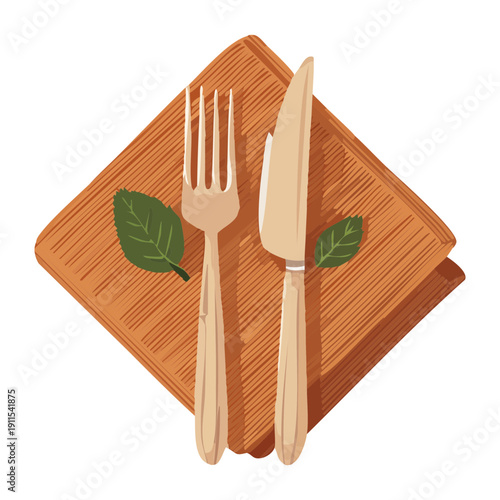 Formal silverware arrangement with fork and knife on rustic napkin for boutique restaurant dining - Vector Illustration