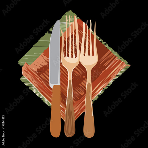 Stylish cutlery set with wooden handles on patterned napkin for trendy organic cafe dining - Vector Illustration