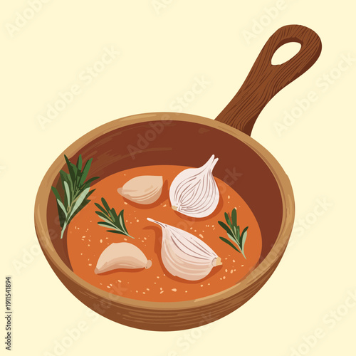 Skillet pan filled with aromatic garlic and herbs for seasoning delicious organic home meals - Vector Illustration