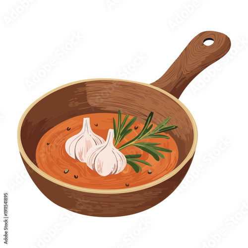 Sauté pan with multiple garlic cloves and oil for preparing flavorful gourmet base sauces - Vector Illustration
