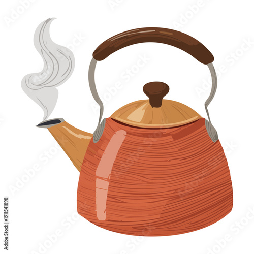 Traditional copper tea kettle with steam for brewing hot aromatic morning beverage in kitchen - Vector Illustration