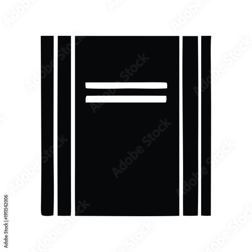 A simple black and white graphic illustration of an open book or journal with a spine and two horizontal lines on the cover, ideal for educational or informational content