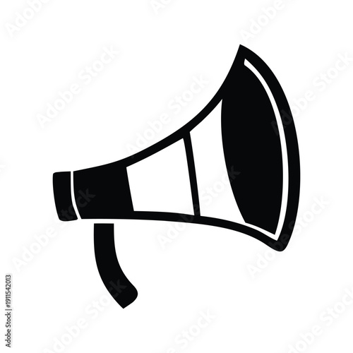 Striking black and white megaphone icon representing loud communication, public address, announcements, marketing, and spreading important messages