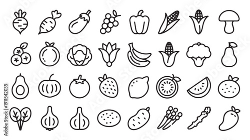 Fruit and Vegetable Icons in Simple Line Art Style with Black Outline on White Background for Infographic Design