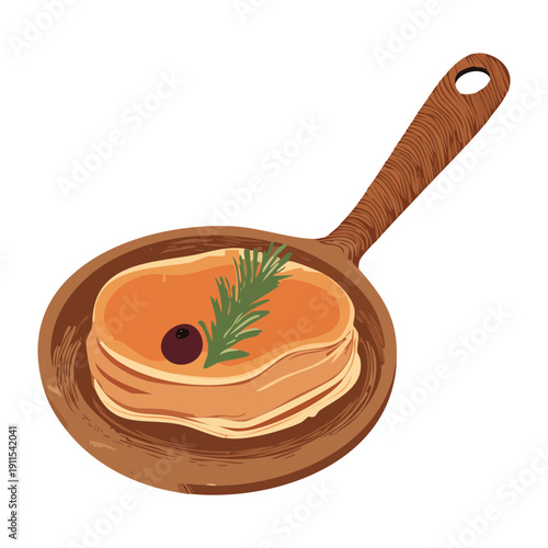 Golden pancakes with syrup and garnish in skillet for traditional homemade morning breakfast meal - Vector Illustration