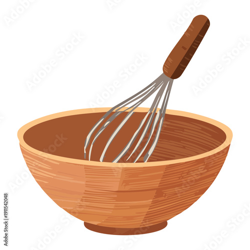 Handheld wire whisk with wood bowl for whipping eggs and cream for gourmet desserts - Vector Illustration