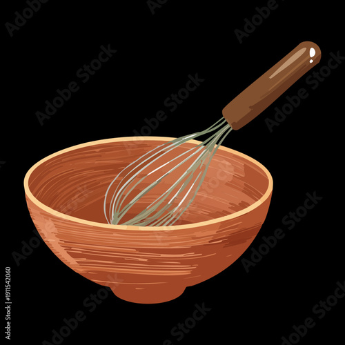 Manual egg beater whisk with wooden bowl for traditional preparation of fresh pastry dough - Vector Illustration