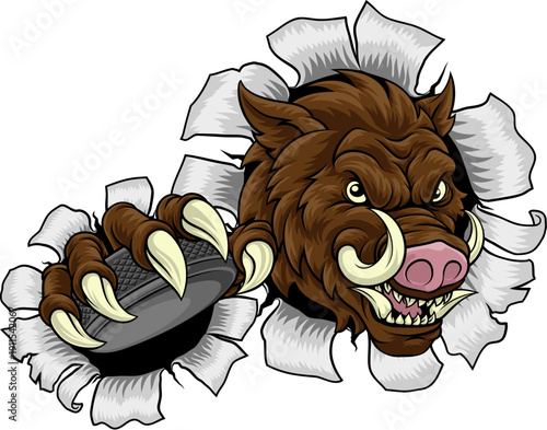 A wild boar, hog razorback warthog pig hockey sports cartoon mascot