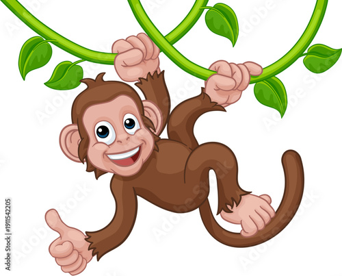 A monkey cartoon character singing on jungle vines and giving a thumbs up