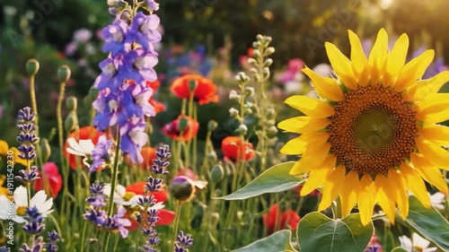 Vibrant summer flower garden with peonies and sunflowers at sunset