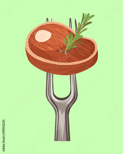 Grilled beef steak on metal fork with rosemary herb for delicious high protein gourmet dinner - Vector Illustration