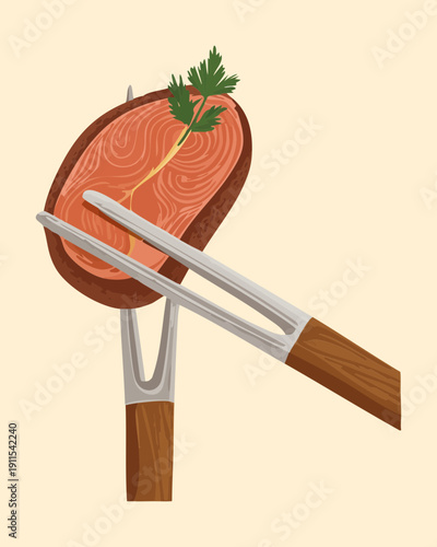 Juicy grilled steak on metal tongs with rosemary for authentic backyard barbecue and summer parties - Vector Illustration