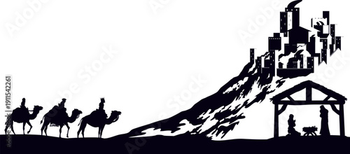 A Christmas nativity scene with baby Jesus in the manger, wise men and city of Bethlehem in the background