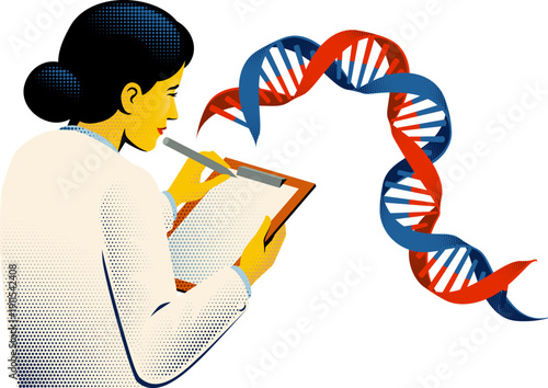 Retro halftone style illustration of a female scientist analyzing DNA. Biotechnology, medical research, genomics and scientific discovery. Ideal for healthcare STEM education innovation themes