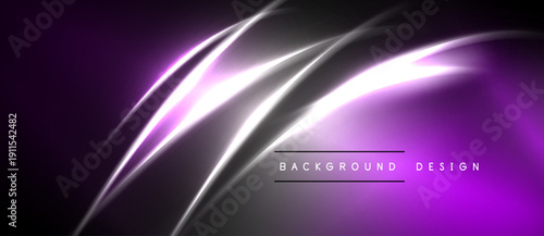 Abstract purple background features dynamic glowing lines. Modern design evokes energy, movement, sophistication. Minimalist aesthetic.