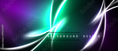 Abstract vibrant background. Purple, green hues blend with glowing white lines. Modern design element for digital projects.
