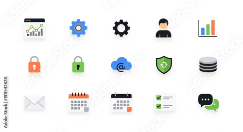 Collection of modern flat design icons for business and technology.