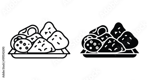 Black and white mushrooms on plates minimalist line art illustration healthy vegan food concept