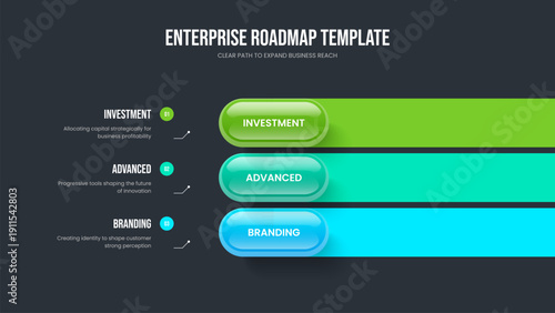 Investor Review Presentation Template Vector Illustration. Service Campaign 3 Option Diagram Slideshow Layout. Creative Performance Three Step Infographic Slide Design.