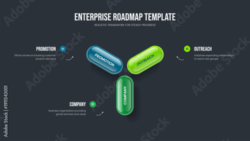 Business Innovation Presentation Layout Vector Illustration. Marketing Portfolio Three Option Infographic Slideshow Design. Creative Launch 3 Element Diagram Slide Template.