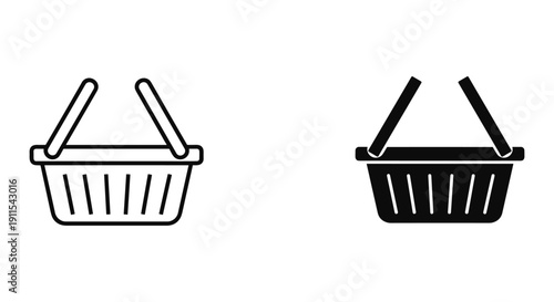 Black and White Shopping Basket Icons with Handles Isolated on White Background